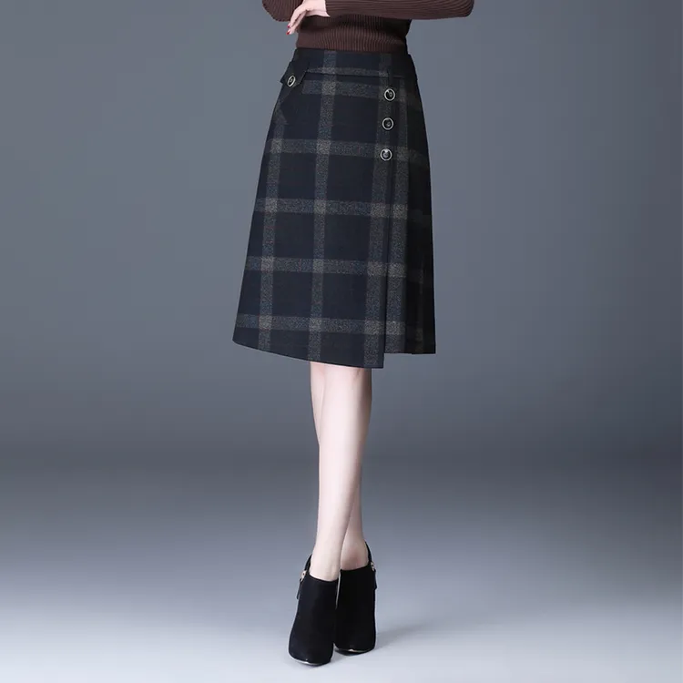女呢子半身裙格子秋冬法式高腰a字裙中长款一步不规则开衩半裙秋