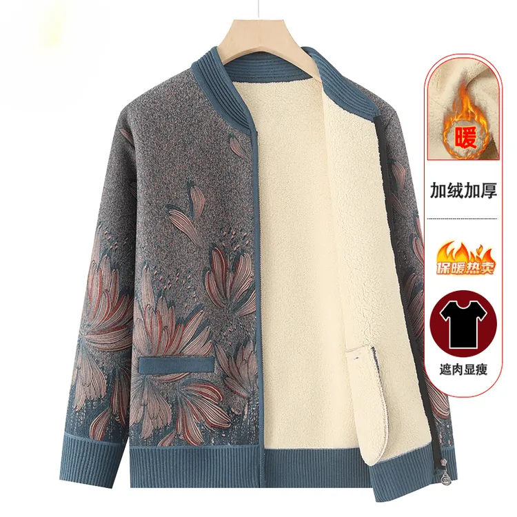 2025新奶奶装秋冬季加绒加厚针织衫外套中老年人妈妈冬装保暖开衫