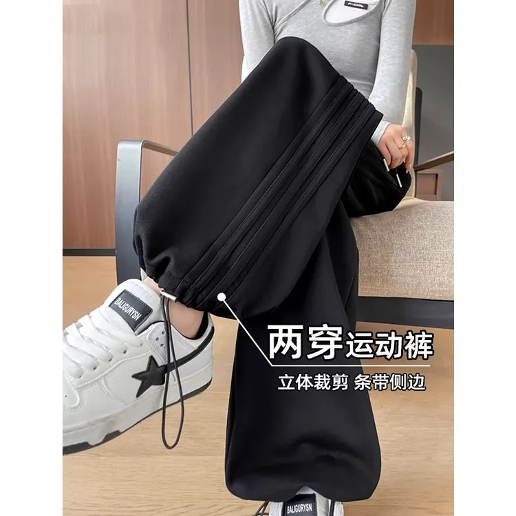 侧边运动裤女秋冬季加绒爆款宽松休闲窄版阔腿裤直筒灯笼束脚卫裤