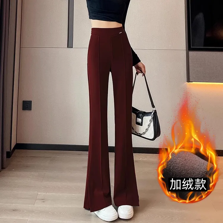 加绒微喇裤女秋冬季新款高腰垂感加厚休闲安可拉红港味百搭喇叭裤