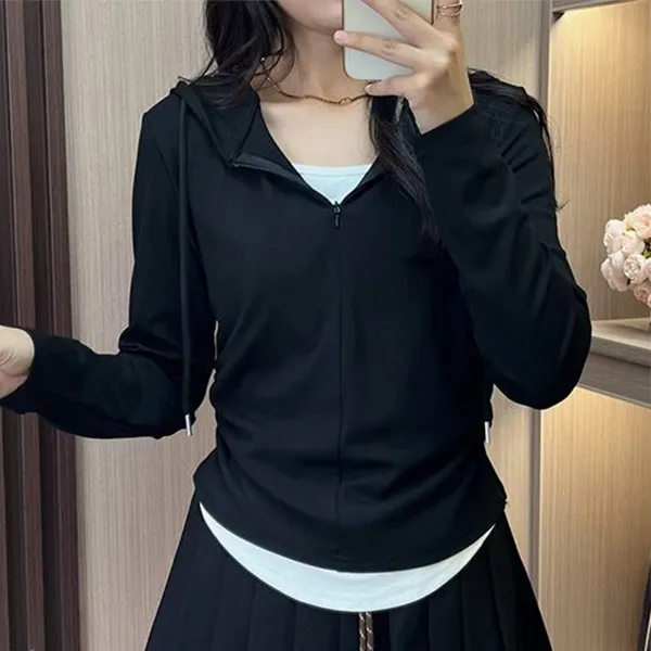 新款连帽假两件修身设计感T恤上衣秋冬外穿莫代尔半拉链长袖女