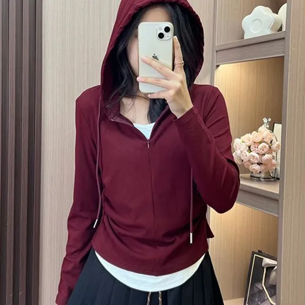 新款连帽假两件设计感修身T恤上衣秋冬莫代尔外穿半拉链长袖女