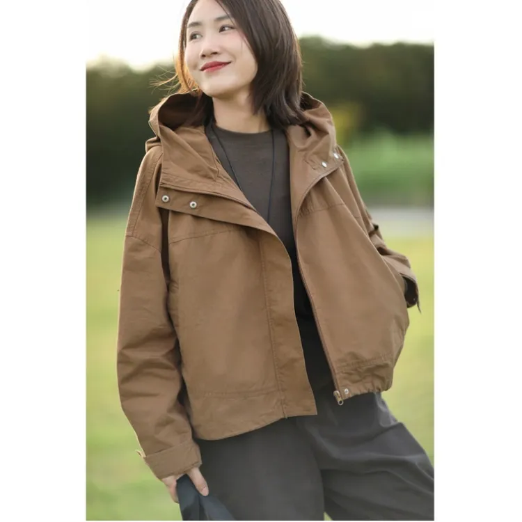 专柜品质纯棉文艺休闲港风连帽短款风衣外套女2024秋季宽松派克服
