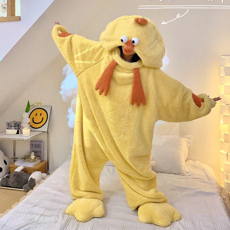 卡通小鸡连体睡衣珊瑚绒保暖女士秋冬季长款外穿连帽学生家居服男
