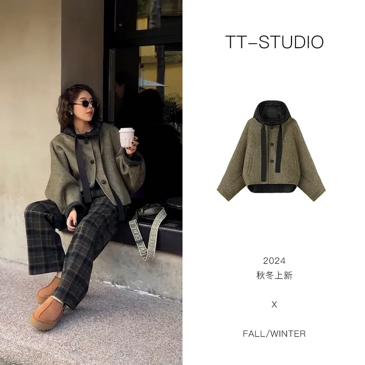 MCOMINILIVES「黑糖抹茶」绵羊毛兔毛桑蚕丝连帽保毛呢外套TT-MB126