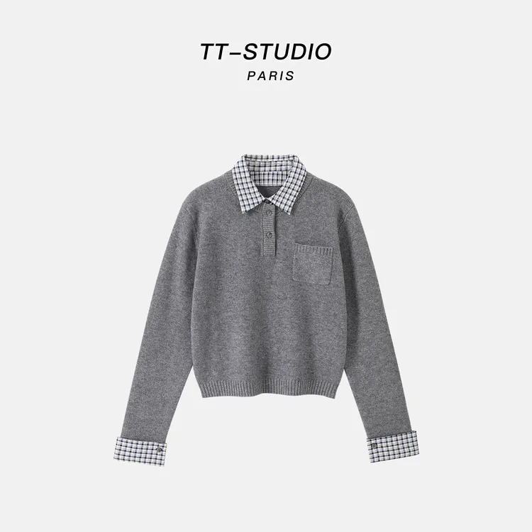 TT「知识分子」100%美丽诺绵羊毛假两件撞色针织毛衣TT-XM3286