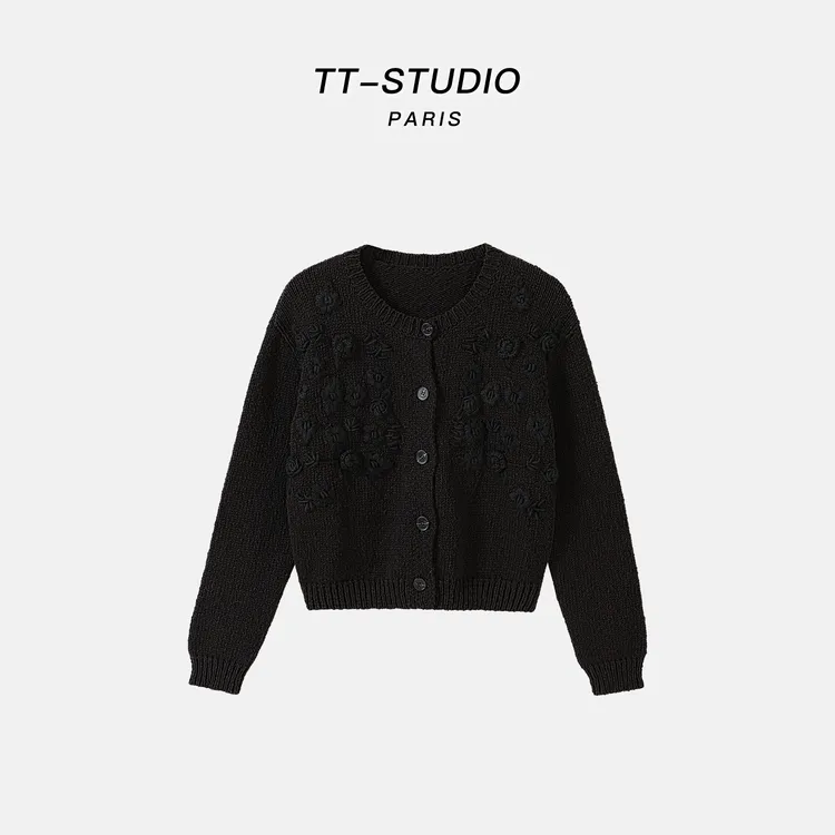 MCOMINILIVES「黑玫瑰」重工立体刺绣针织开衫毛衣外套女TT-CP9639