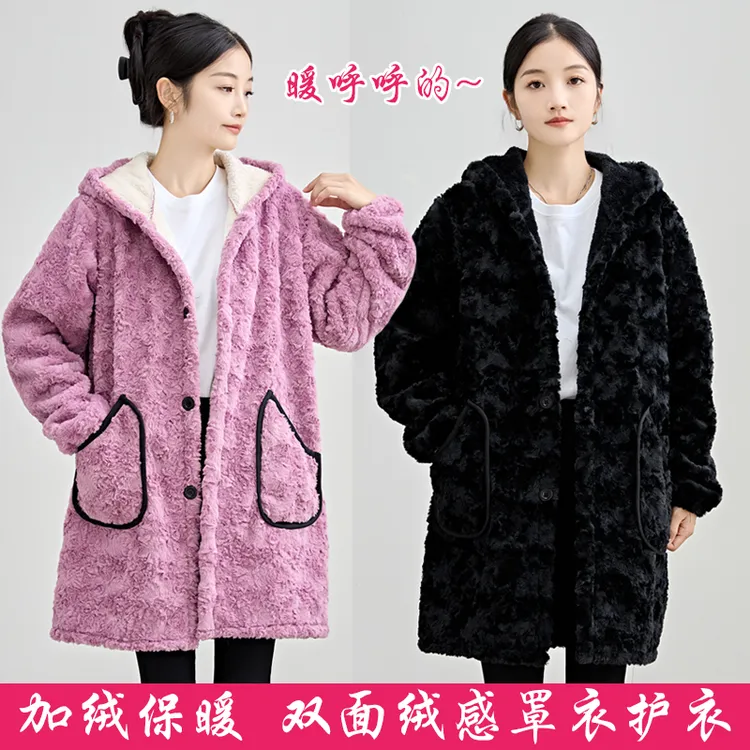 冬季新款罩衣加绒加厚韩版珊瑚绒冬天外穿保暖中长工作服围裙护衣