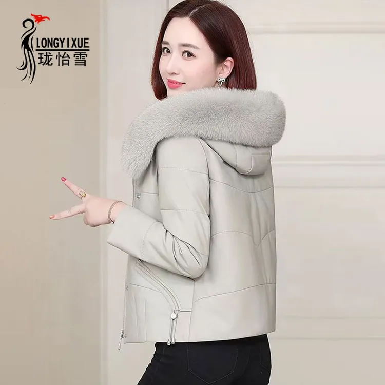 海宁皮衣女外套加绒加厚冬季短款2024新款连帽真狐狸毛领皮袄棉服