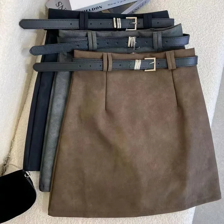 PU皮半身裙女秋冬新款小个子高腰显瘦百搭A字包臀防走光裙有腰带