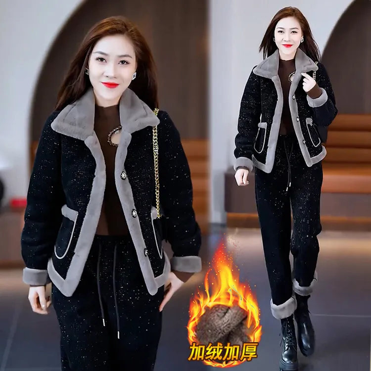 加绒加厚休闲运动服套装女2024冬季新款洋气显瘦保暖短外套两件套