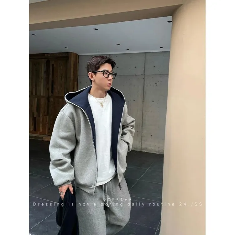 OXFREAK 24FW「撞色厚款1000克」双拉链连帽开衫卫衣男廓形秋冬套装