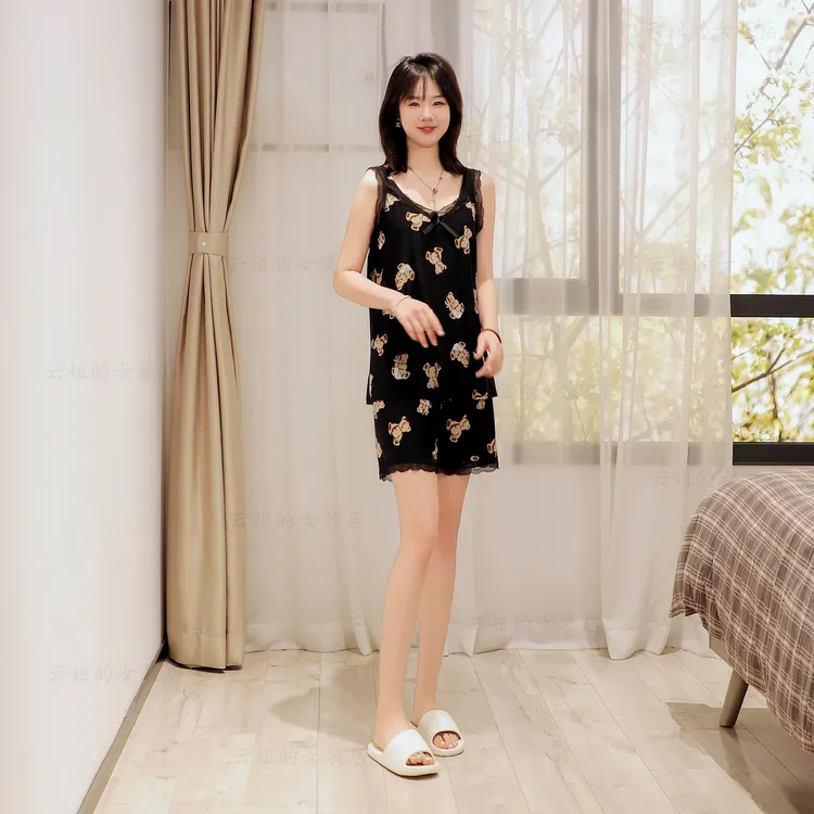 高弹大码洋气吊带短裤套装家居服睡衣女宽松显瘦性感冰丝尤莱特
