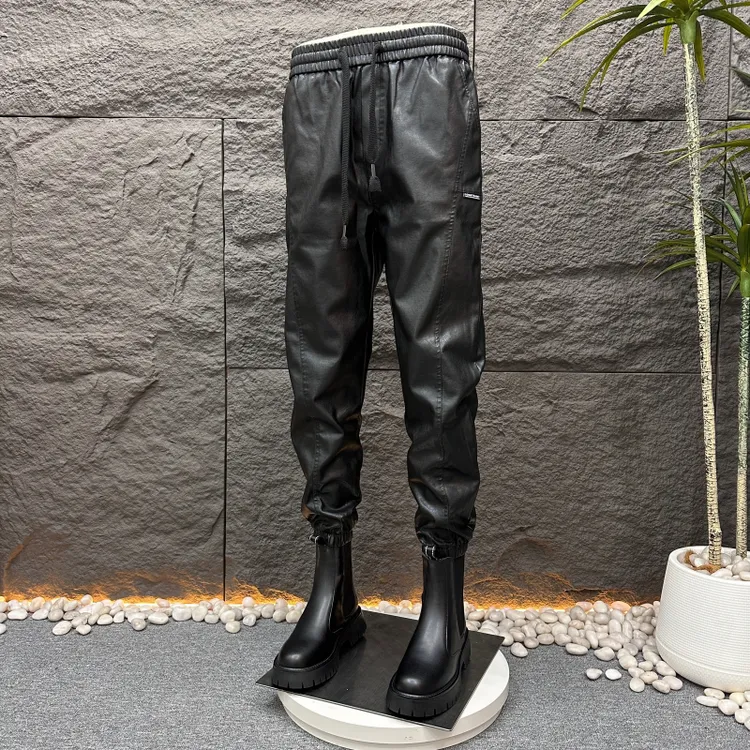 秋冬季加绒保暖外卖骑手机车防风皮裤男纯黑色小脚加厚休闲长裤子