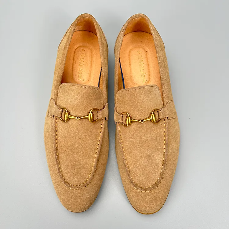 2025新款英伦风马衔扣真皮乐福鞋男款卡其色透气磨砂皮鞋男一脚蹬