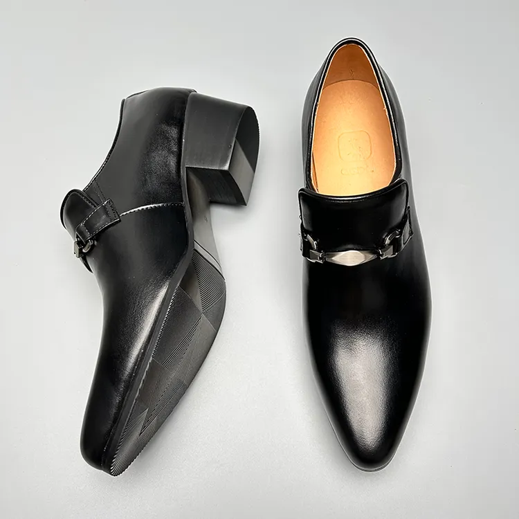 韩版潮流马衔扣乐福鞋男尖头套脚男士高跟皮鞋真皮休闲一脚蹬男鞋
