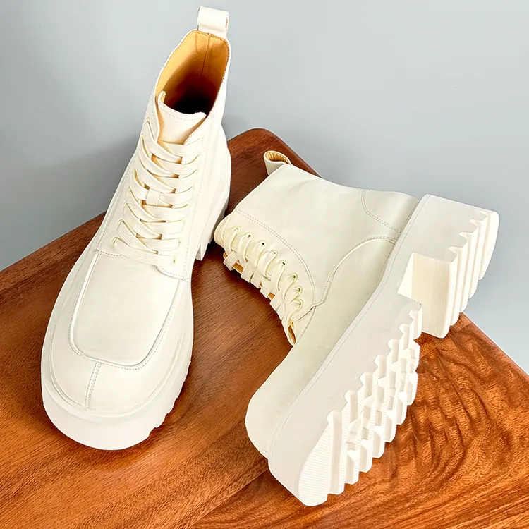 高帮马丁靴男白色冬季加绒头层牛皮时装靴增高厚底工装风保暖男鞋