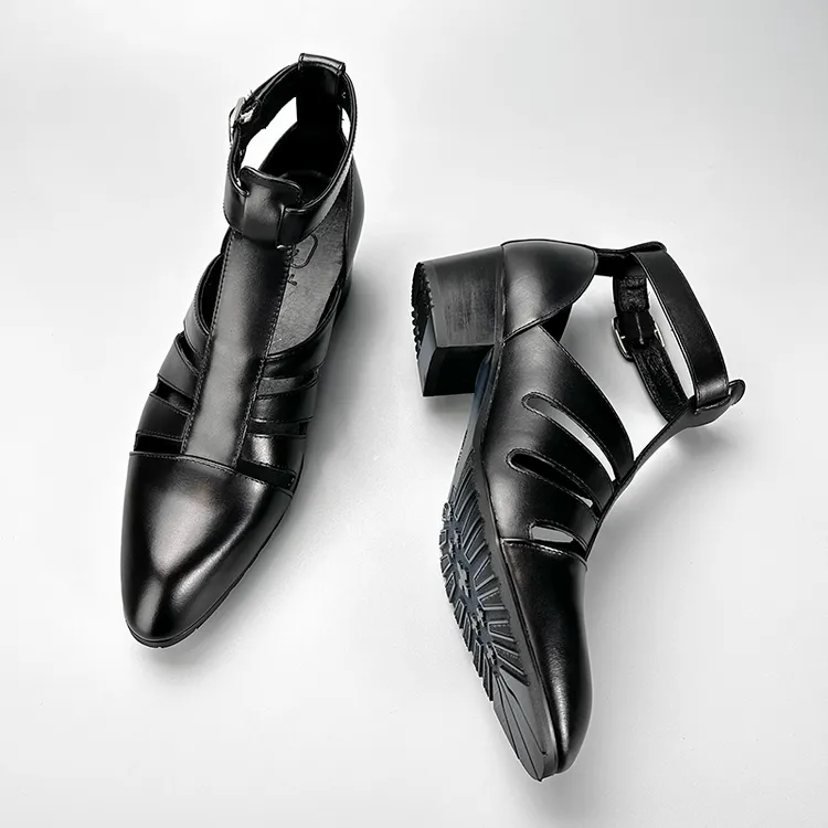 原创猪笼高跟鞋男外穿夏季牛皮凉鞋男增高透气罗马凉靴男洞洞鞋潮