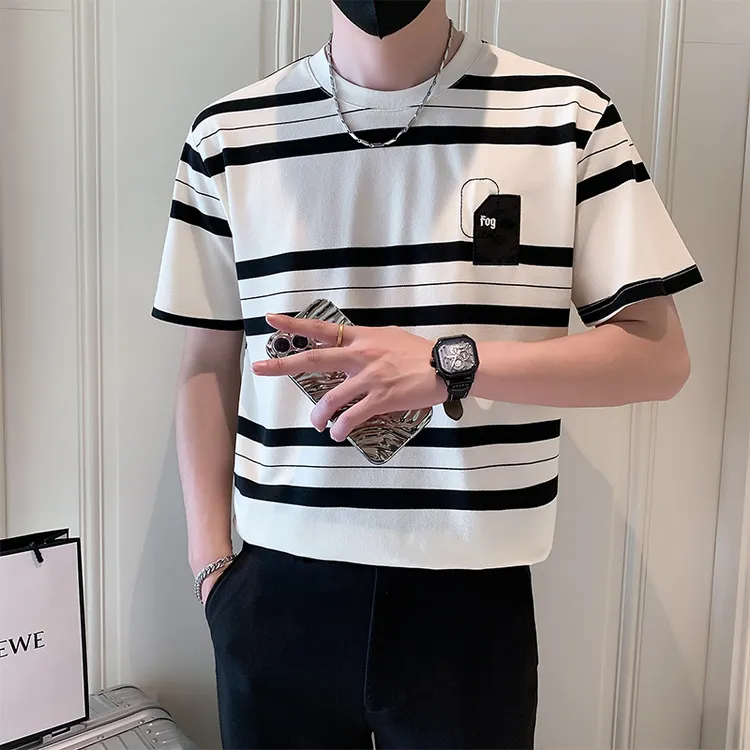 痞帅T恤男短袖夏季潮流ins修身中袖条纹体恤设计感上衣服潮流半袖