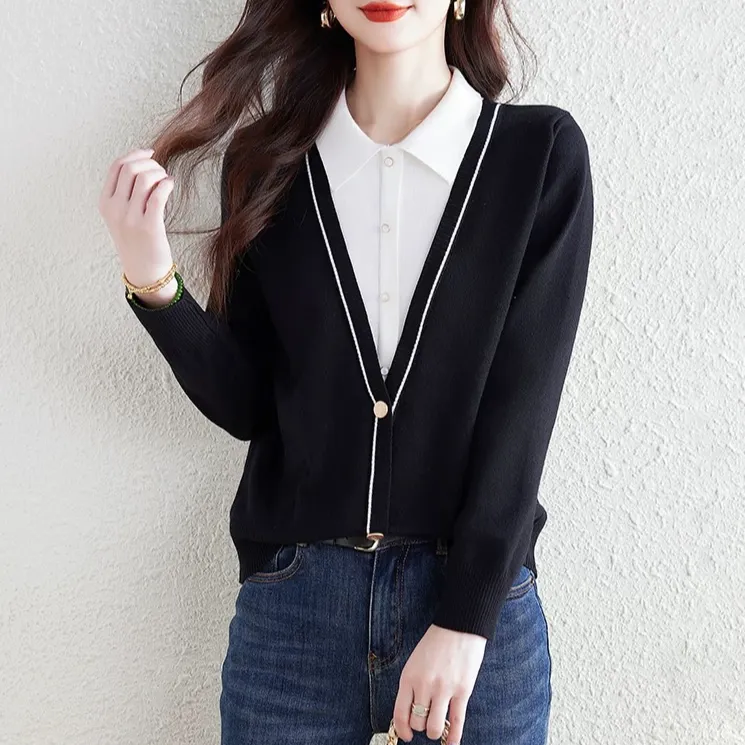 秋冬新款衬衫领安迪绒假两件时尚上衣长袖气质百搭宽松显瘦毛衣