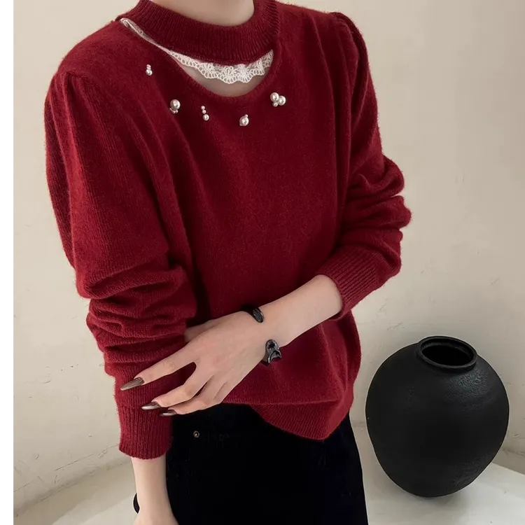 【路家姐妹专属】韩系蕾丝拼接镂空挂脖领钉珠毛衣女秋冬百搭针织衫