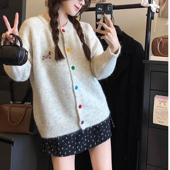 糖果彩色扣子针织开衫毛衣女卡通刺绣小狗甜美软糯宽松上衣外套