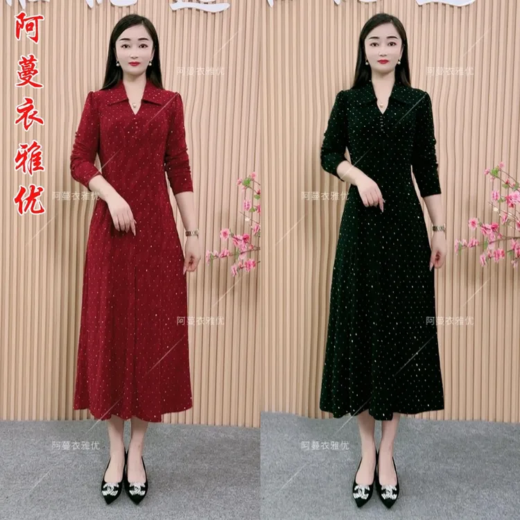 【衣雅严选】8121-916新品正版暗纹提花烫钻气质款显瘦翻领连衣裙