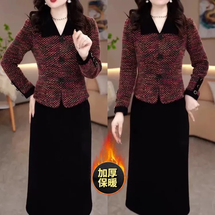 【衣雅严选】8090-1230新款加厚金貂混纺雪花绒假两件显瘦连衣裙