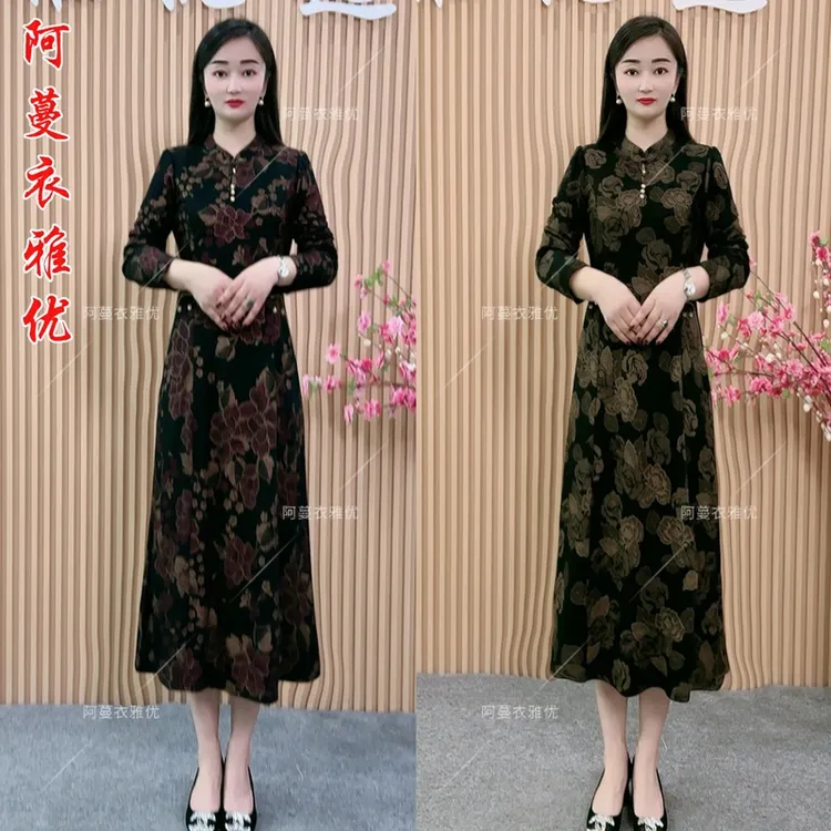 【衣雅严选】8091-821新款加厚烫金锦棉罗马气质款改良旗袍连衣裙