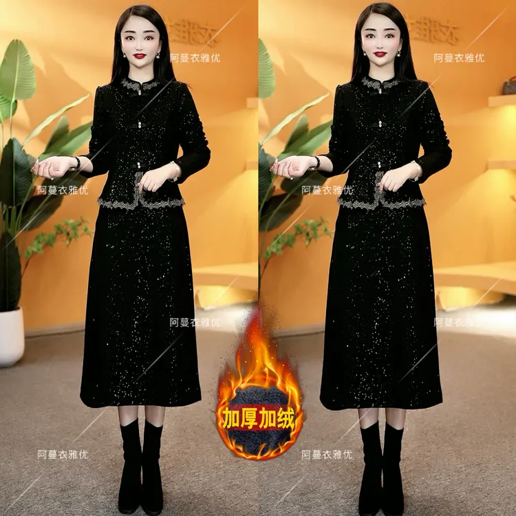 【衣雅严选】8127-1204#新款新中式加绒加厚烫金气质假两件连衣裙