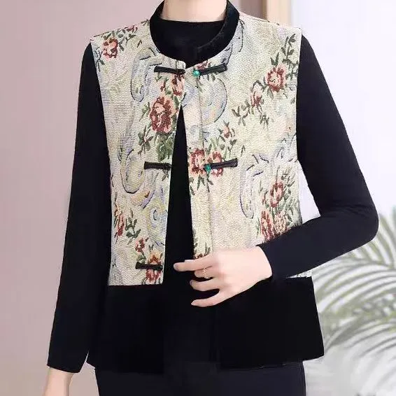 【衣雅严选】8172-1103#新款新中式国风刺绣拼接百搭盘扣马夹坎肩