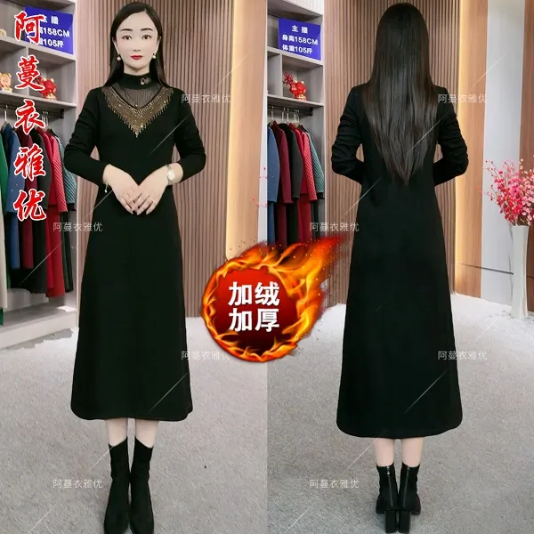 【衣雅严选】8080-1153#新款加绒加厚烫钻显瘦长袖保暖气质连衣裙