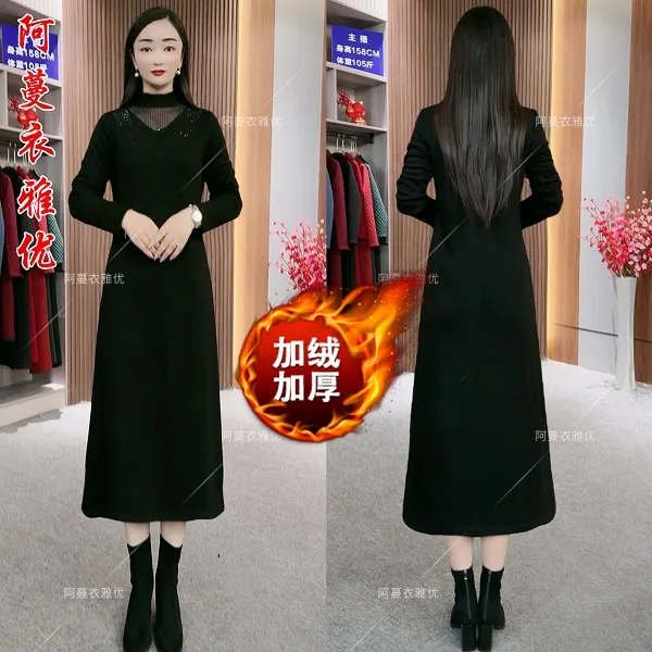 【衣雅严选】8080-1066#新款长袖加绒加厚烫钻黑格显瘦保暖连衣裙