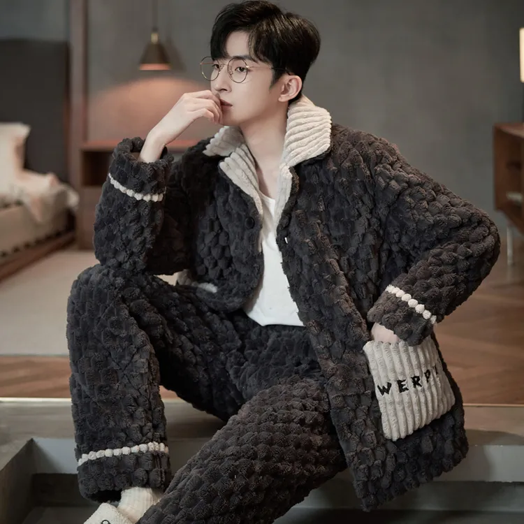 冬季男款睡衣珊瑚绒加绒加厚三层夹棉2025新款冬天高档家居服套装