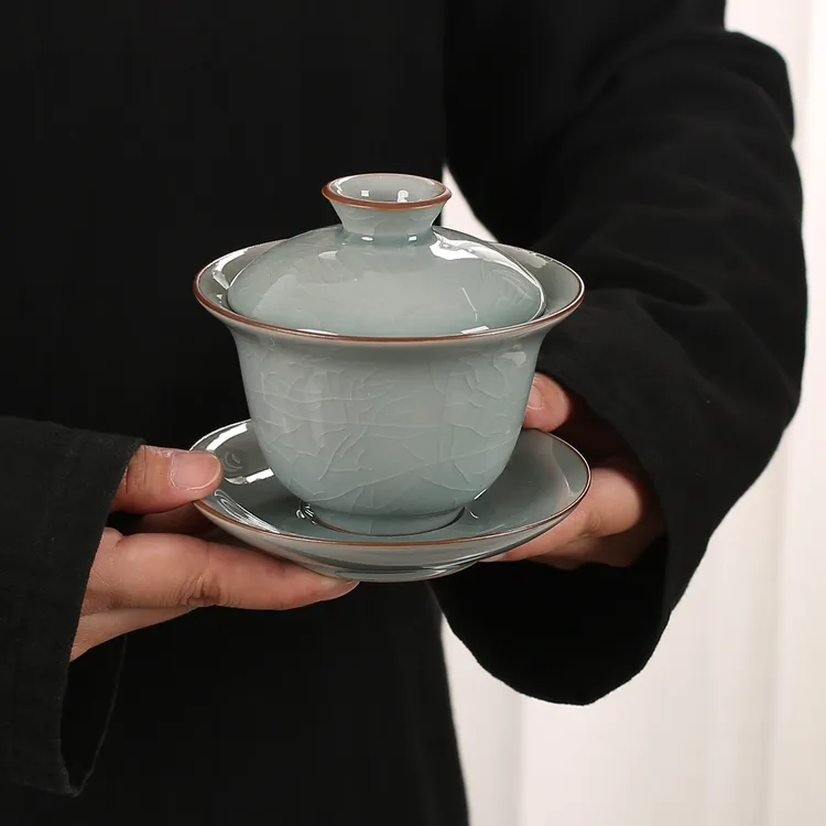 哥窑盖碗三才汝窑泡茶碗杯单个高档茶碗带盖茶具高端功夫茶泡茶杯