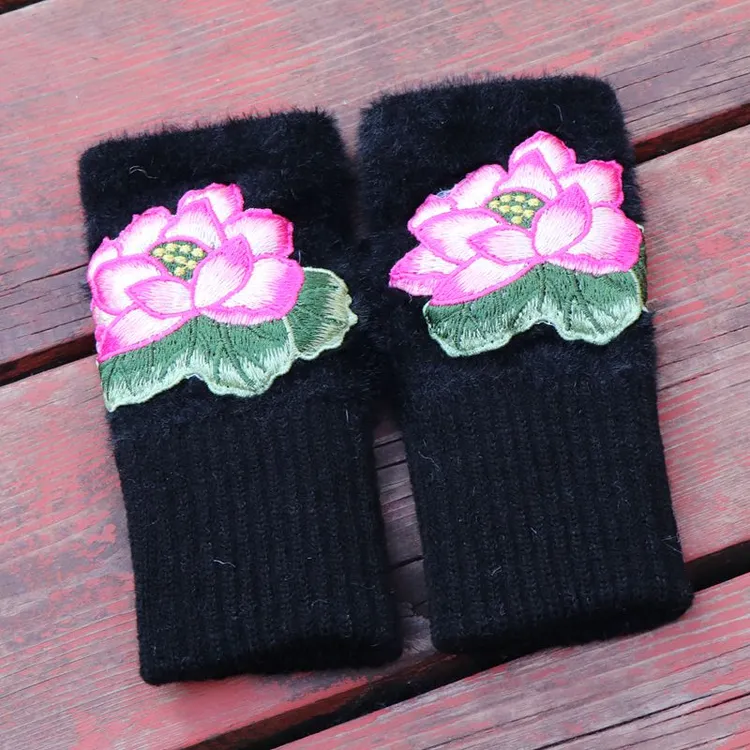 新款女士加厚半截手套复民族风秋冬季外出加绒保暖防寒百搭手套