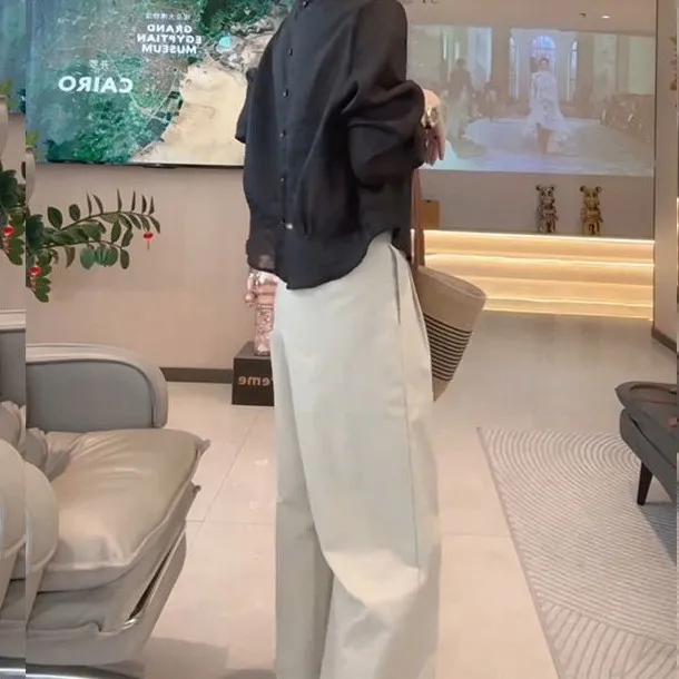 早秋新款宽松圆领后开叉长袖上衣T恤高腰阔腿裤显高显瘦女装