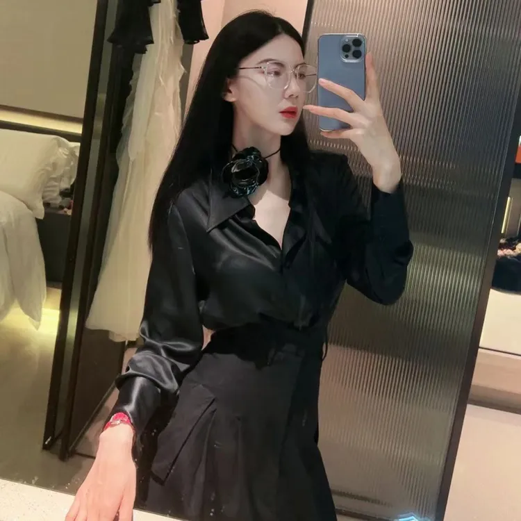 魏元高定/20MM高级缎面绉长袖衬衫-0087