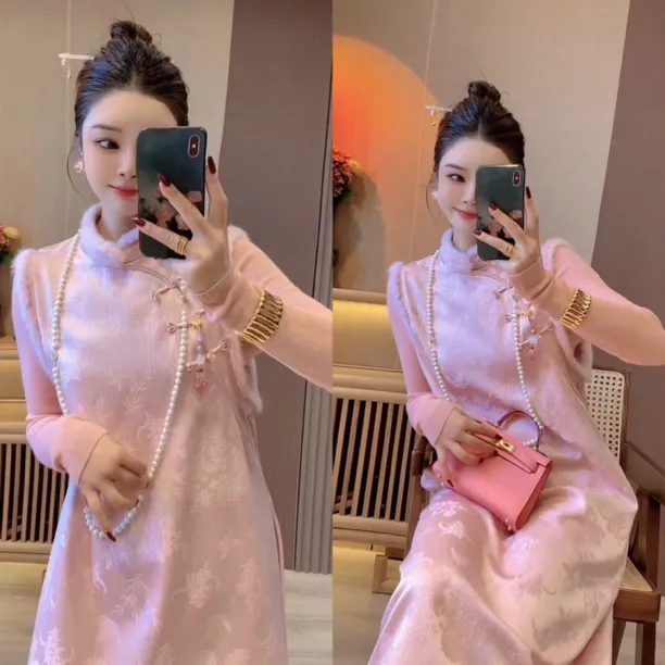 高品质时尚新中式国潮风提花拼接毛毛马甲连衣裙打底衫两件套女装