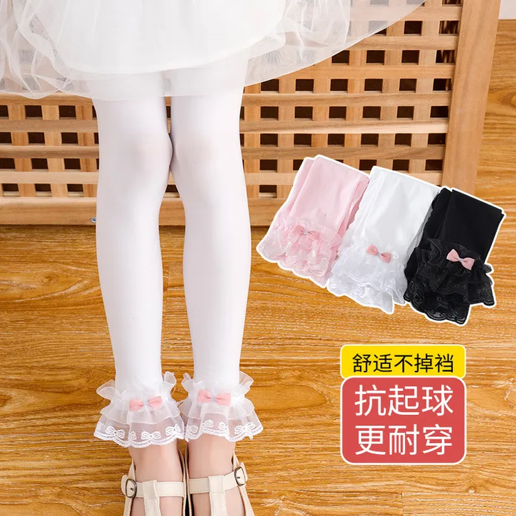 春夏季女童连裤袜薄款儿童打底裤白色舞蹈宝宝花边九分裤袜不连脚