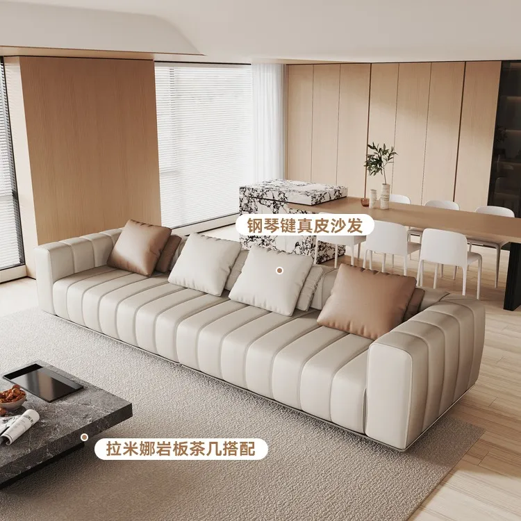 意式极简真皮沙发现代简约直排位钢琴键沙发组合轻奢落地别墅