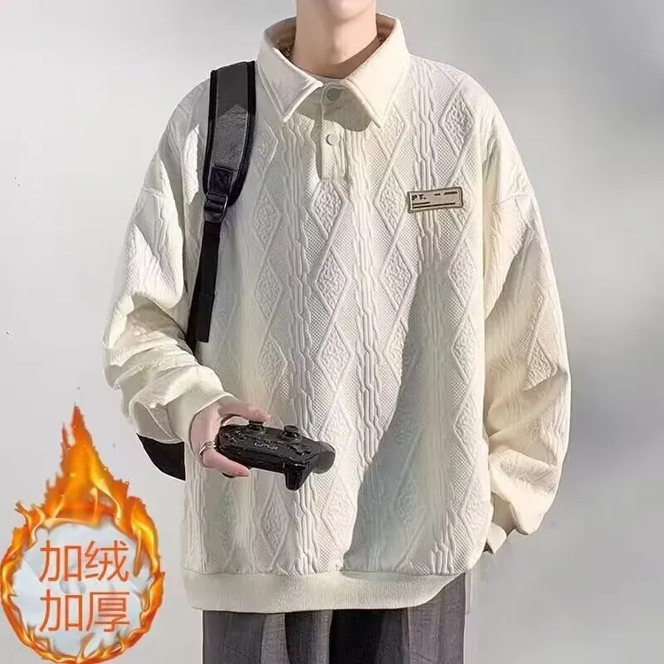 秋冬款加绒保暖纯色polo衫男女翻领长袖宽松加厚内搭纯色打底上衣