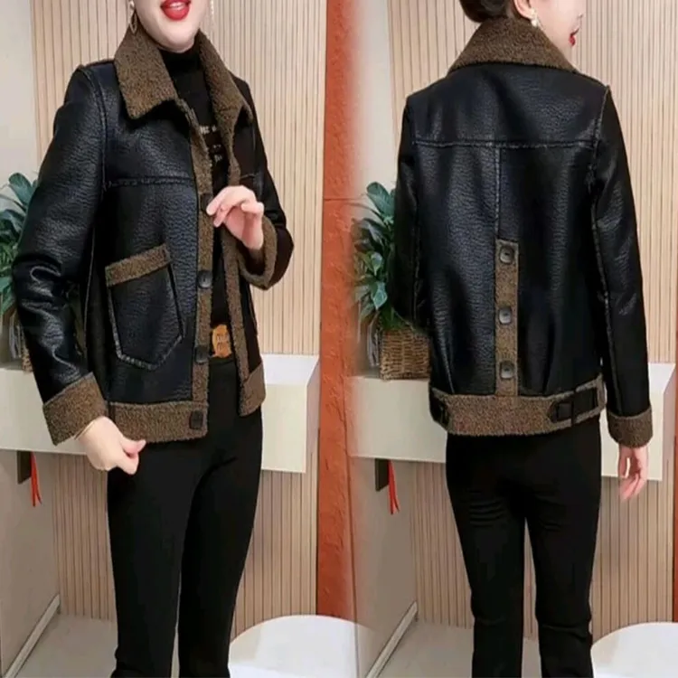 2024春秋新款时尚百搭皮毛一体外套女加绒加厚短款翻领两面服上衣