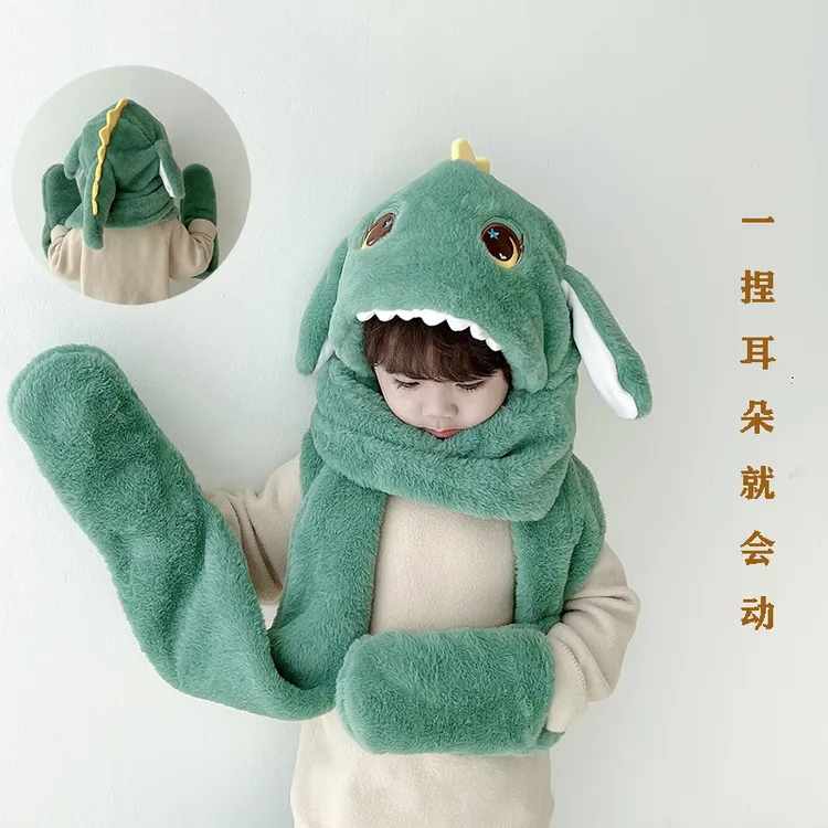 耳朵会动儿童帽子毛绒加厚保暖三件套男童手套女孩子护耳一体帽潮