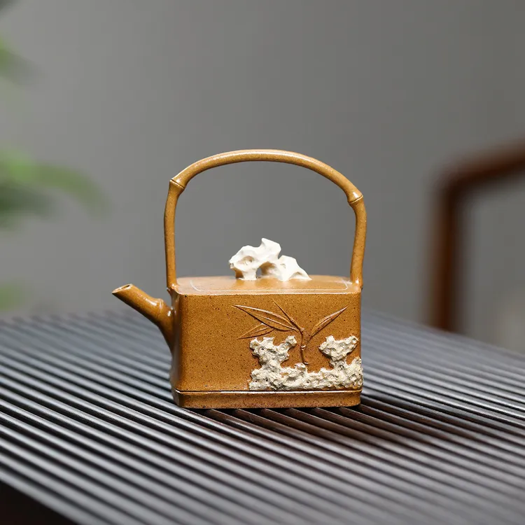 【合一原创】宜兴原矿紫砂壶手工柴烧提梁太湖石长灵竹100毫升