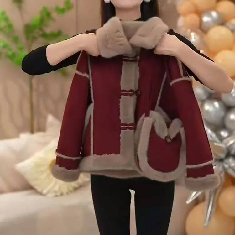 女童皮毛一体加厚外套2024冬季新款翻领拼接撞色上衣加绒喜庆年服