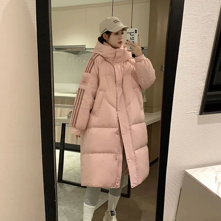 三条杠羽绒服女长款过膝2024冬季新款白鸭绒加厚连帽百搭宽松外套