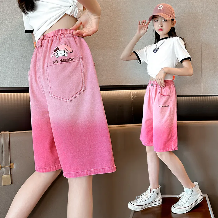 2025新款女童牛仔洋气短裤阔腿薄款女童五分裤女中大童短裤6-12岁