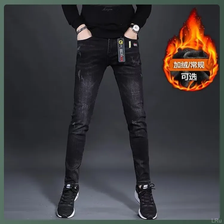 秋冬裤子弹力修身痞帅破洞图案男牛仔裤男士潮流加绒加厚个性刺绣