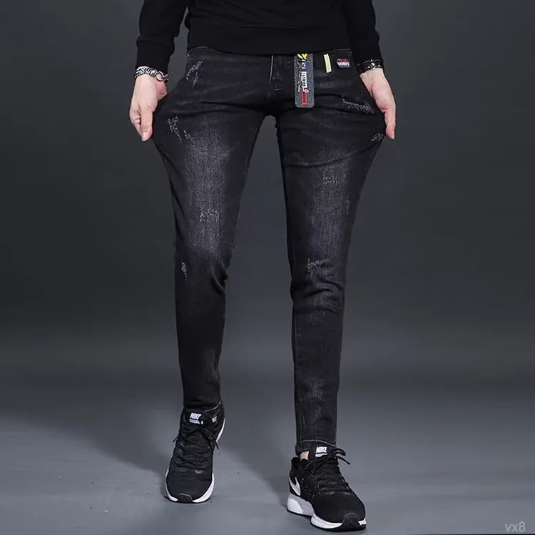 痞帅破洞秋冬潮流男牛仔裤图案弹力加绒加厚个性裤子修身刺绣男士